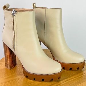 High Block Heeled Chunky Leather Boot In Beige - Size 9 - NEW - rag & co